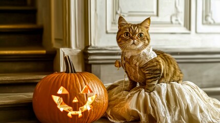 A Cute Cat in Lace Sits by a Carved Pumpkin on a Stairway for Halloween
