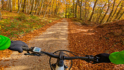 POV: Riding a mountain bike along an empty gravel trail leading through the picturesque autumn colored forest. Warm fall sunshine illuminates the colorful woods as you ride your new electric bike