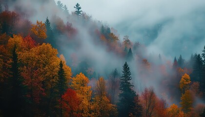 Fototapeta premium Misty Autumn Forest with Colorful Trees and Fog