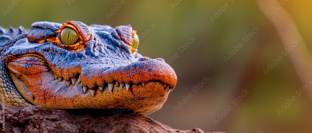 Sticker a tight shot of an alligator's head perched on a tree branch against a softly blurred background