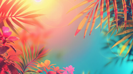 Abstract colorful summer gradient background with tropical beach palm leaves and geometric shapes with circles and lines