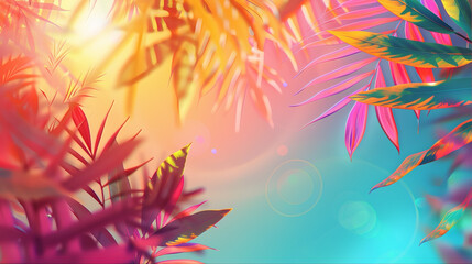 Abstract colorful summer gradient background with tropical beach palm leaves and geometric shapes with circles and lines