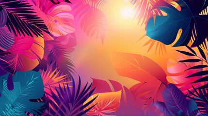 Abstract colorful summer gradient background with tropical beach palm leaves and geometric shapes with circles and lines