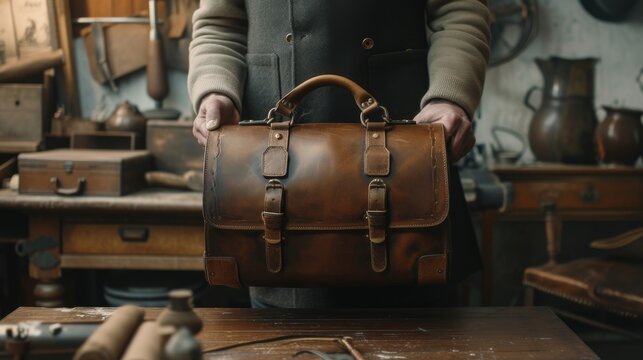 A craftsman proudly displays a finely handcrafted brown leather bag in a rustic workshop setting. The scene highlights the skilled craftsmanship and attention to detail, with various tools and