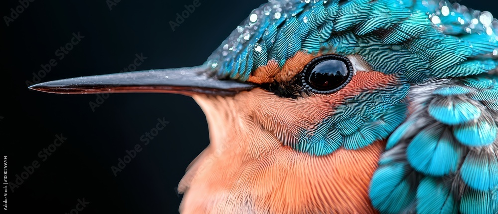 Poster  A blue and orange bird in focus, its back adorned with feathers, against a black backdrop