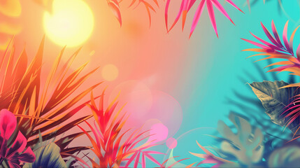 Abstract colorful summer gradient background with tropical beach palm leaves and geometric shapes with circles and lines