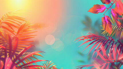 Abstract colorful summer gradient background with tropical beach palm leaves and geometric shapes with circles and lines