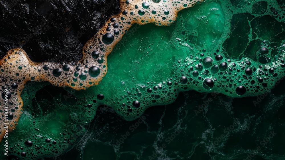 Wall mural a tight shot of water bubbles on a textured green-black surface, featuring a central black-and-white