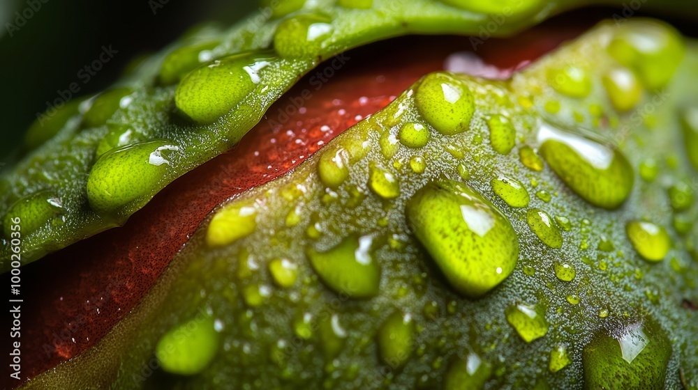 Poster  A tight shot of a green leaf, studded with water droplets on its surface Above, a red flower bud sits atop