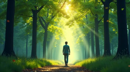 Person Walking in Serene Forest Path, Symbolizing Stages of Personal Growth and Goal Setting