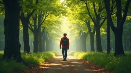 Obraz premium Person Walking in Serene Forest Path, Symbolizing Stages of Personal Growth and Goal Setting