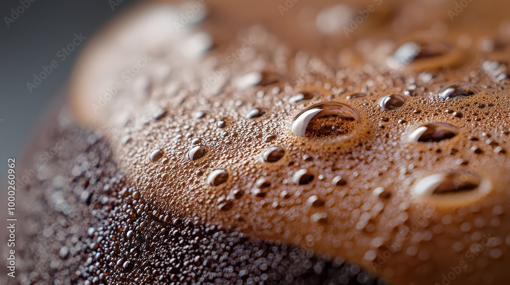 Sticker  Close-up of water droplets on a brown material's surface against a black-and-white backdrop