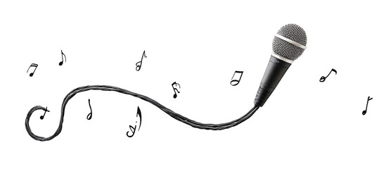 A microphone is shown with a bunch of notes and music notes