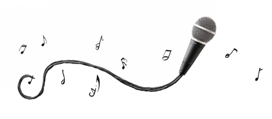 A microphone is shown with a bunch of notes and music notes