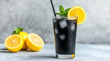 A striking activated charcoal lemonade in a tall glass, with black liquid contrasting against bright lemon slices and ice cubes