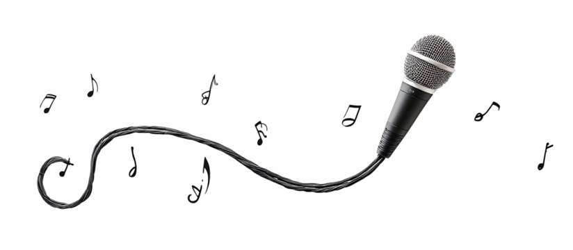 A microphone is shown with a bunch of notes and music notes - Powered by Adobe