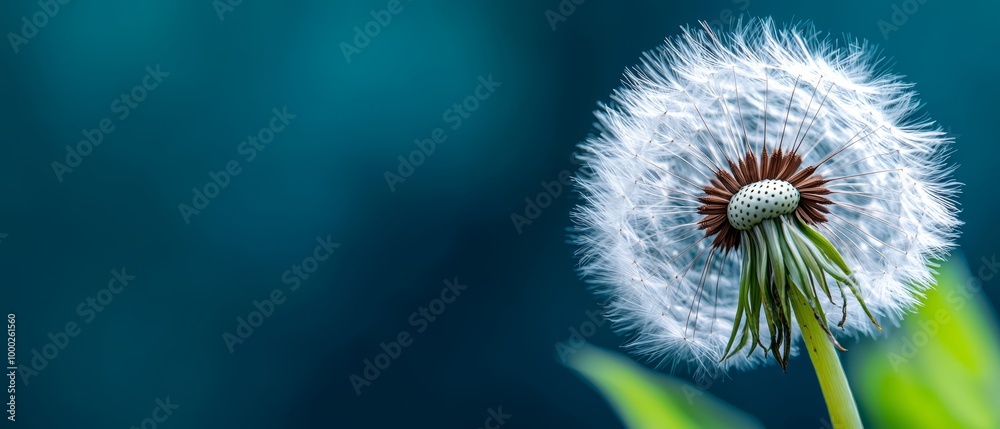 Sticker  A dandelion flower with a green stem, closely framed Background softly blurred, blue hued