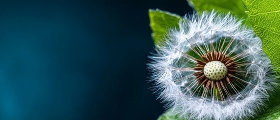  A dandelion with its head atop a green leaf, blanketed in generous amounts of white, fluffy, frothy seeds