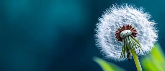  A dandelion flower with a green stem, closely framed Background softly blurred, blue hued