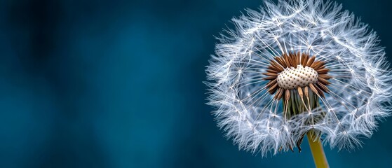  A dandelion in focus against a blue backdrop Blurred dandelion detail behind