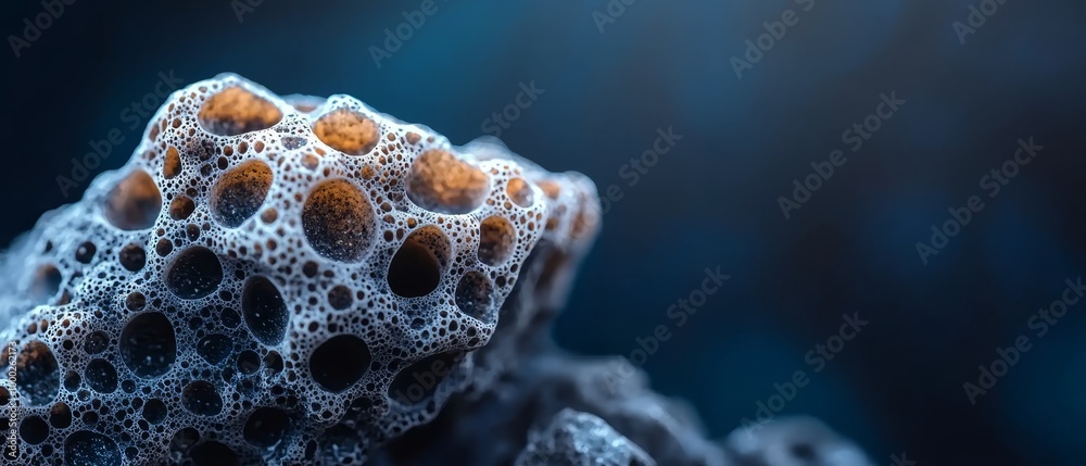 Sticker  A tight shot of a coral with bubbles of water at its back end against a deep blue background