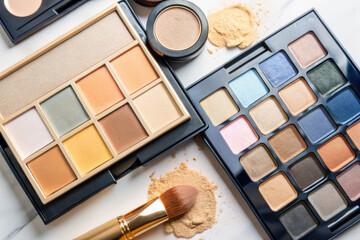 Artistic makeup palettes with vibrant colors and brushes arranged on a stylish marble surface during a creative beauty session. Generative AI