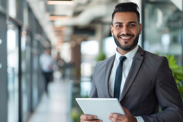 Fototapeta premium Happy young Middle Eastern business man executive holding tablet at the office. , background blur