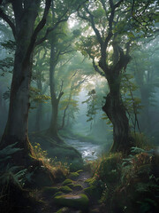 misty ancient forest