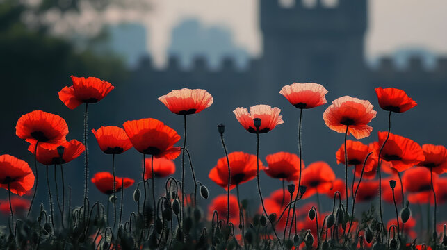 poppies in front of the Tower of London on Remembrance Day, Poppy Day, November 11, Great Britain, symbol, red flowers, England, castle, Royal British Legion, lest we forget, poppy, peace