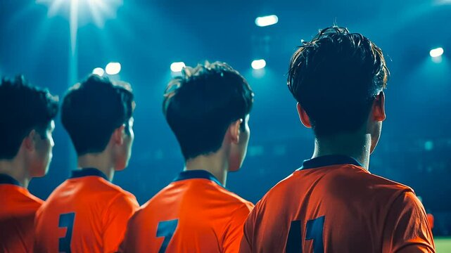 Four young Asian men in orange jerseys with numbers stand together under bright stadium lights, possibly during an evening sports event. Their expressions are serious as they face forward.