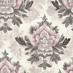 Elegant floral pattern featuring soft pink and gray hues, perfect for home decor or textile design. intricate details and classic style evoke sense of sophistication and charm