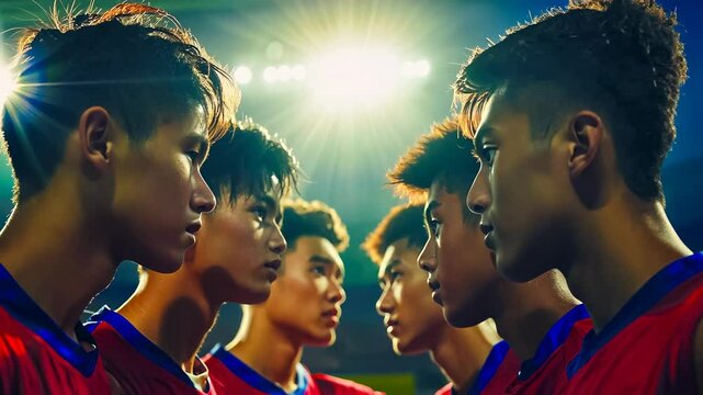 A group of young Asian men, likely in their teens or twenties, stand in a row under stadium lights, wearing bright red soccer jerseys. The mood is intense as they focus ahead, likely before a game.