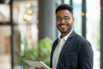 Fototapeta premium Happy young Multiracial business man executive holding tablet at the office. , background blur