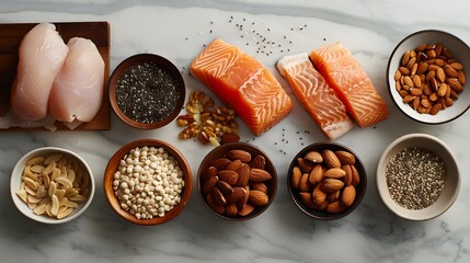 Selection of protein-rich foods including salmon, chicken, nuts, seeds, and grains. Flat lay of nutritious ingredients for a healthy diet concept. Designed for wellness blogs, banners