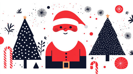 Festive Santa Claus cartoon vector illustration with a big smile, red suit, and whimsical elements, ideal for holiday-themed projects