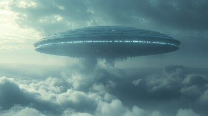 A large, alien-like spacecraft is flying through the sky
