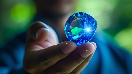 A person holds a large faceted blue gemstone in their hand, its surface gleaming in the natural light. The gemstone's intricate details are highlighted by the soft, green background, creating a serene