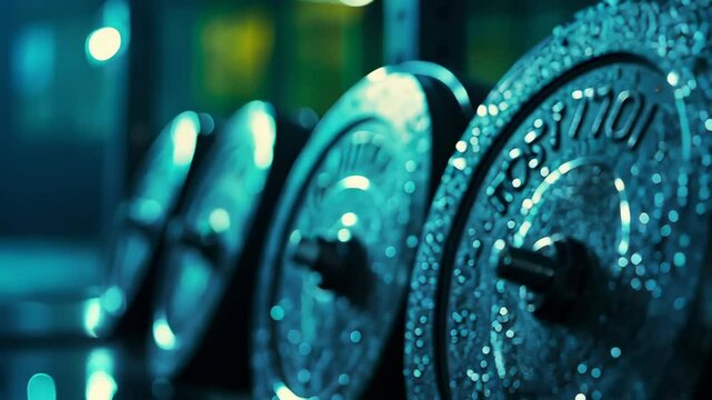 A row of wet dumbbells rests on a rack in a dimly lit gym, suggesting a recent vigorous workout. The moody ambient lighting creates a dramatic and intense atmosphere, emphasizing the textured surface