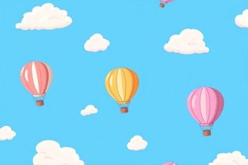 Naklejka premium Three Colorful Hot Air Balloons Soaring Through a Blue Sky with Fluffy White Clouds