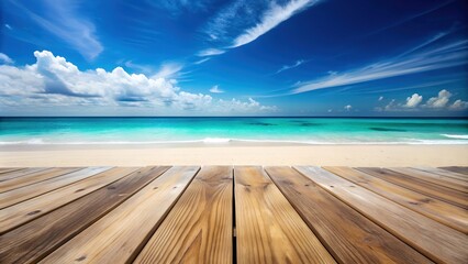 Fototapeta premium Beautiful Tropical Beach with Wood Decking Golden Sand and Crystal Clear Ocean Water, A Serene Coastal Paradise Perfect for Digital Graphic Design Projects and Backgrounds 