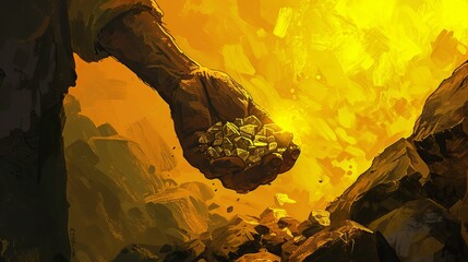 A dynamic digital illustration depicting a hand gripping gold nuggets, set against a bold yellow background. The rich hues and stylized approach create a sense of discovery and wealth.