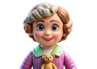 Cartoon adult woman toy grandma made up of clay figurine adult on a white background PNG generative ai