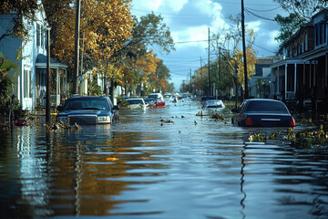 City flooded streets showcasing heavy rainfall aftermath with submerged vehicles and evacuating residents
