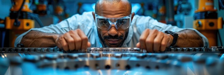 Engineer inspecting machinery in a high tech industrial facility during nighttime operations