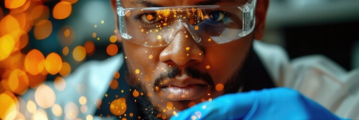 Close up of a technician focused on precision work in a workshop during evening hours