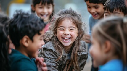 Fototapeta premium Joyful multicultural group of children enjoying playtime together in schoolyard environment