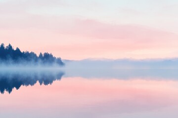 A Silhouetted Forest Reflecting on a Calm, Pink-Hued Lake at Dawn