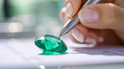 A jeweler carefully examines a radiant green emerald with a pen-style tool. The image captures the precision required for evaluating gemstones, with a focus on detail and clarity in the jeweler's hand