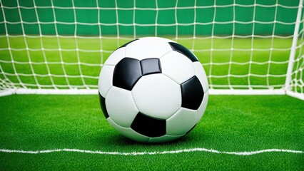 A close-up of a soccer ball positioned near a goal on a grassy field.