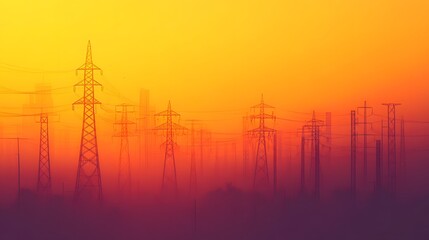 Fototapeta premium A powerful grid of high-voltage power lines and towers silhouetted against the sunset sky, with a vibrant yellow-orange background